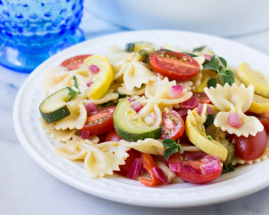 Pasta Salad with Zucchini Tomatoes and Roasted Red Peppers Culinary Hill 2 729x1024 jpeg
