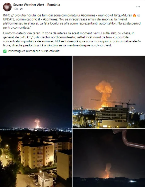 
    Explozia dela Azomureș a aruncat în atmosferă compuși chimici care, din cauza condițiilor meteo, s-ar fi depus pe solSursa foto: Severe Weather Alert Romania  