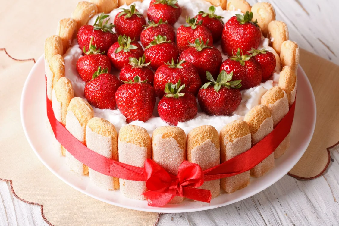43929817   french fresh strawberry charlotte close up on the table  horizontal jpeg