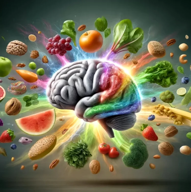 Ilustrație cu un creier înconjurat de alimente sănătoase Foto Psychology Today