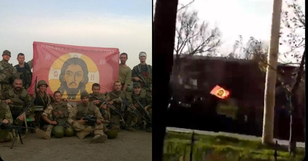 Drapelul de luptă al rușilor în Ucraina a apărut la mitingul AUR de duminică. Icoana de pe steag aparține școlii din Novgorod
