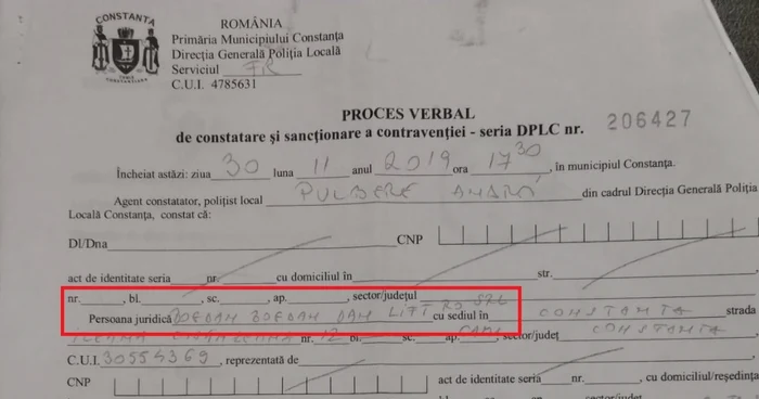 Proces verbal de contraventie al Politiei Locale Constanta