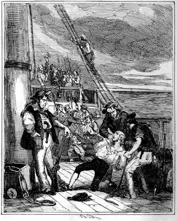 Fletcher Christian și răzvrătiții capturează nava Bounty. Gravură din 1841 de Hablot Knight Browne