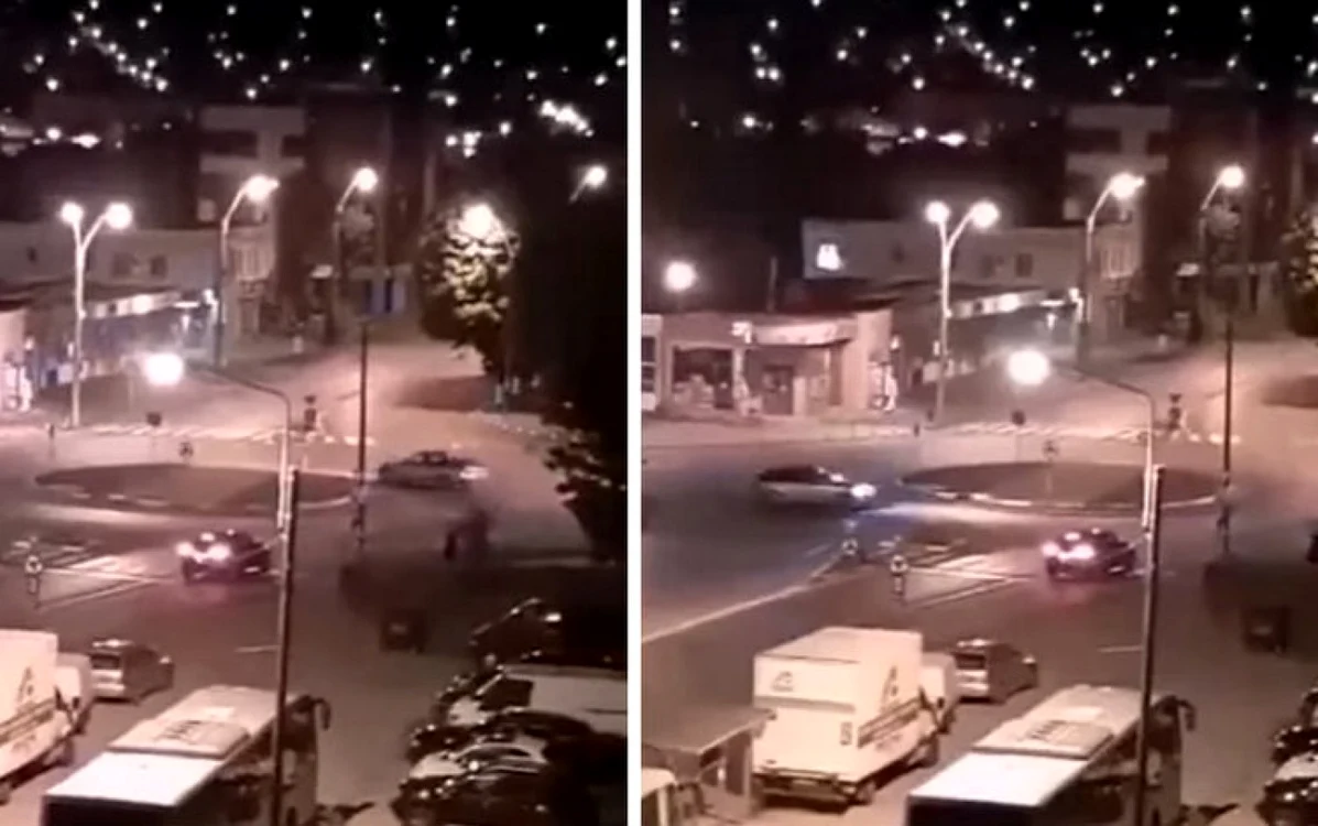 Şoferul din Hunedoara a dat mai multe ture în sensul giratoriu, până la sosirea Poliţiei. FOTO: Facebook. Captură video. Sursa: Mihai Muntean.