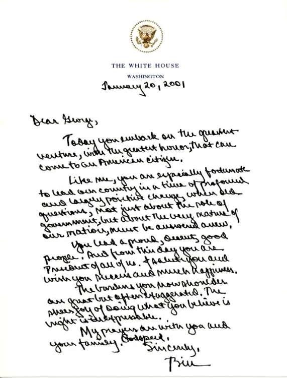 Scrisoarea lui Bill Clinton către George W. Bush Foto georgewbushlibrary.gov