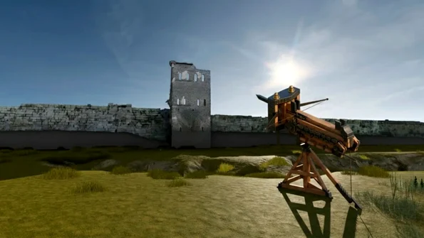 Reconstrucție virtuală a unui polybolos lângă zidurile orașului Pompeii (© Heritage / Adriana Rossi, et al)