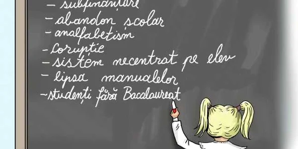 Tabla şcolară din Constanţa. Manifestul elevilor despre criza învăţământului românesc Desen de Vali Ivan