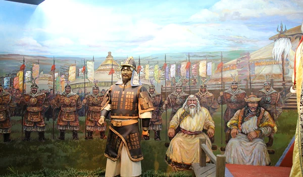 Ginghis Han și curtea sa. Reconstrucție la Muzeul Mongoliei Interioare din Hohhot, China 