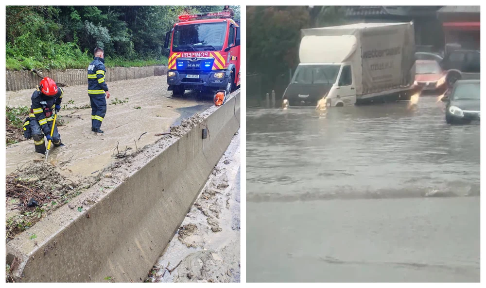 Trafic blocat pe DN1, în Prahova, după surparea unui versant și scurgeri de aluviuni. O autoutilitară a fost avariată