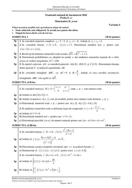 Subiecte la matematică - Filiera teoretică, profilul real, specializarea științe ale naturii FOTO edupedu.ro