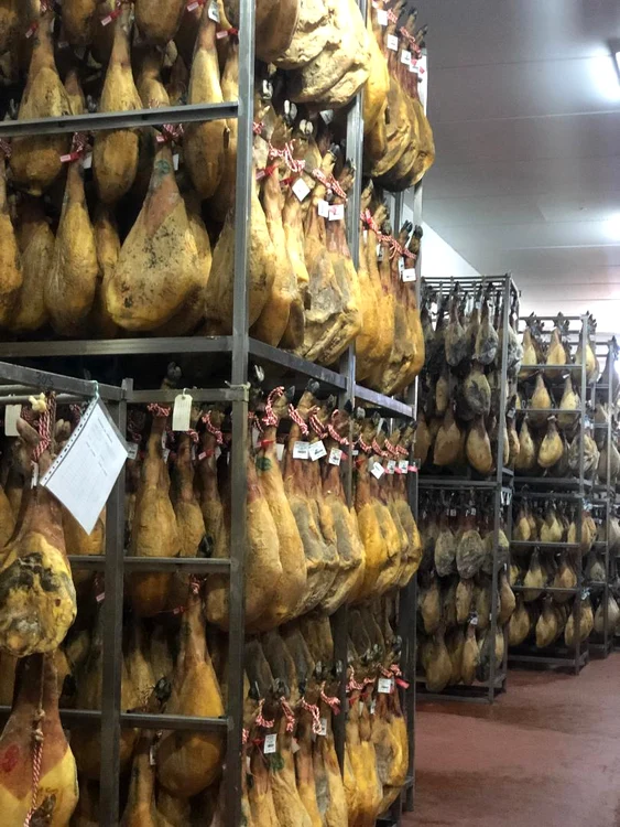 Foarte multe bucîți de jamon atârnate pe rafturi speciale