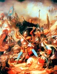Bătălia de la Belgrad, pictură maghiară din secolul XIX. În mijloc se află Giovanni da Capistrano ridicând crucea (© Wikimedia Commons)
