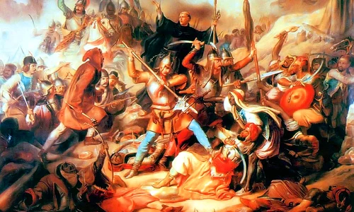 Bătălia de la Belgrad, pictură maghiară din secolul XIX. În mijloc se află Giovanni da Capistrano ridicând crucea (© Wikimedia Commons)