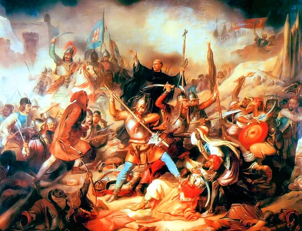 Bătălia de la Belgrad, pictură maghiară din secolul XIX. În mijloc se află Giovanni da Capistrano ridicând crucea (© Wikimedia Commons)