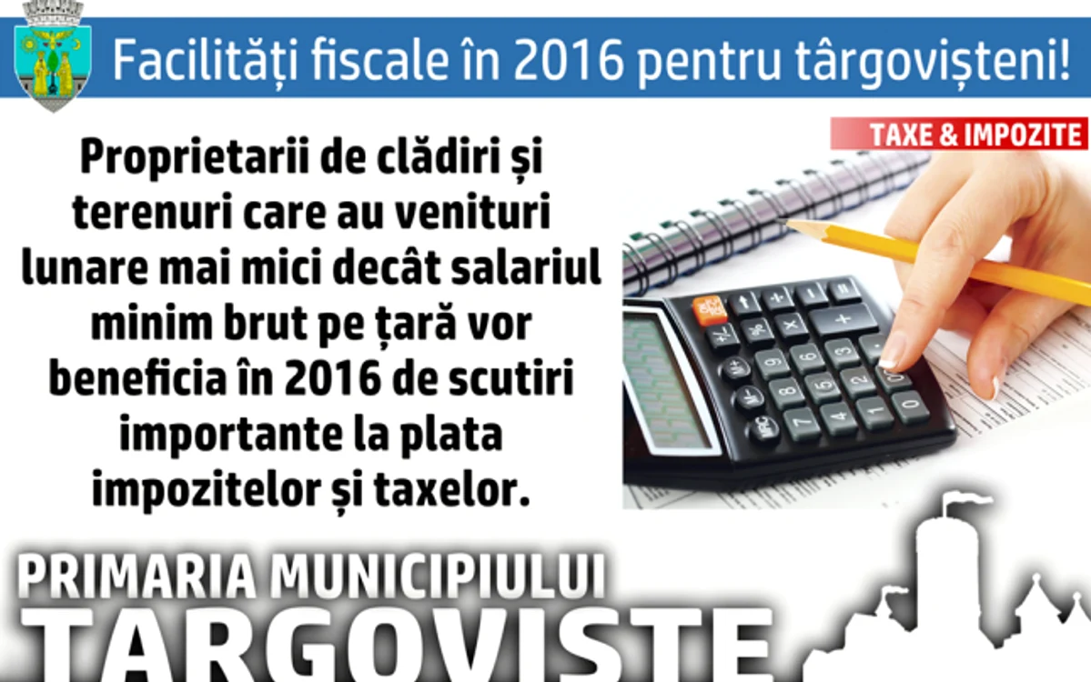 Informaţii suplimentare pot fi obţinute de la ghişeele Serviciului Taxe şi Impozite din cadrul Primăriei Municipiului Târgovişte