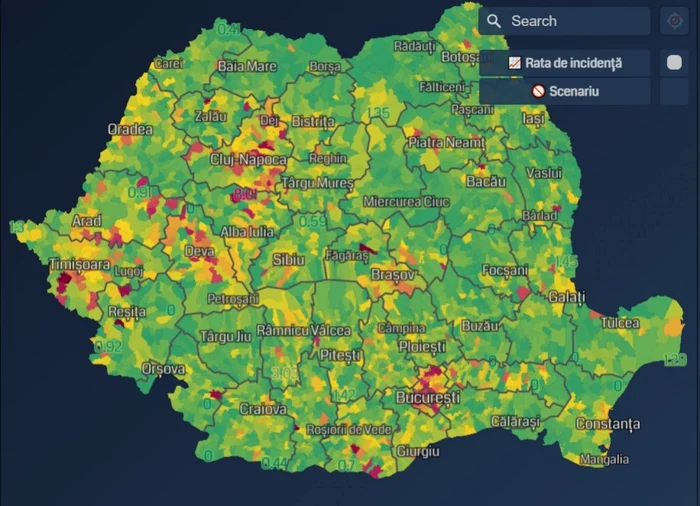 Harta incidenţei pe judeţe realizată de Universitatea „Babeş-Bolyai” din Cluj-Napoca, Facultatea de Ştiinţe Economice şi Gestiunea Afacerilor. Imagine: UBB-FSEGA