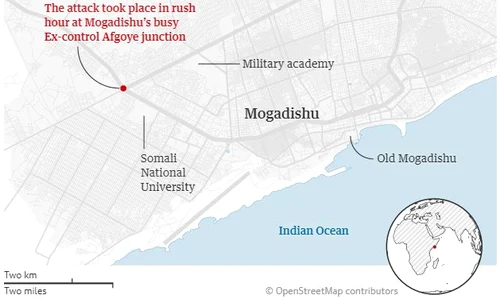 O hartă cu Mogadishu şi zona în care ar fi avut loc atacul  jpeg