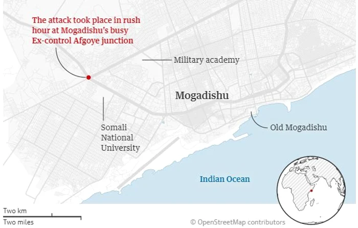 O hartă cu Mogadishu şi zona în care ar fi avut loc atacul