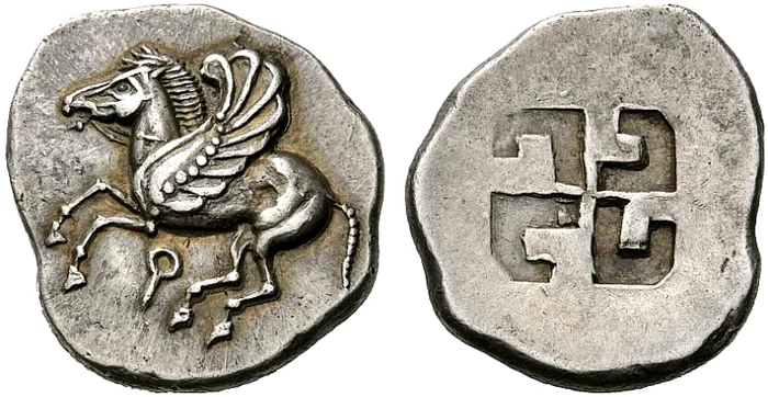 Monedă corintică cu svastică FOTO wikipedia