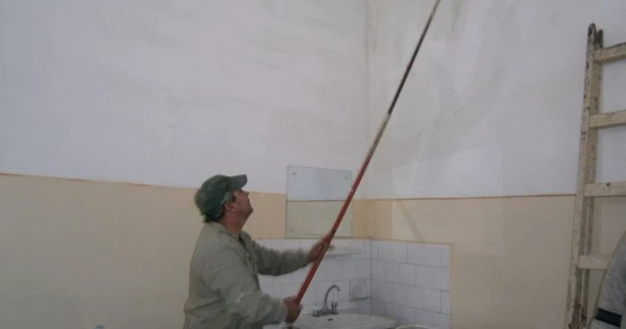 Muncitorii curăţă mucegaiul de pe pereţi