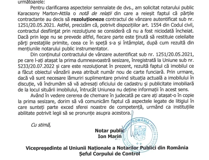 Adresa prin care se anunță anulare contractului(sursa: Andrei Căstăian)