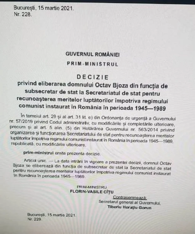 act destituire Octav Bjoza