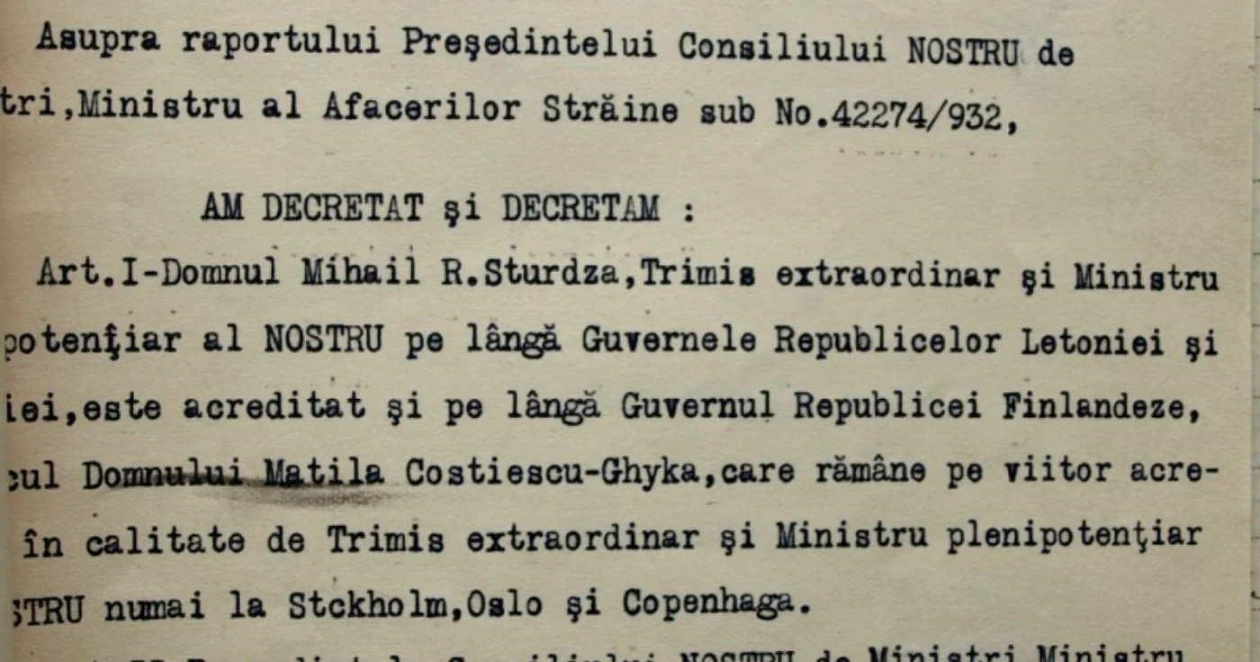 Decret regal de numire a lui Mihail R. Sturdza în calitate de ministru al României la Helsinki