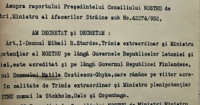 Decret regal de numire a lui Mihail R. Sturdza în calitate de ministru al României la Helsinki