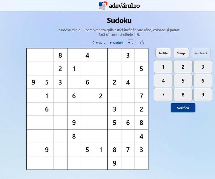 Provocarea zilei pe „Adevărul”: Sudoku îți pune la încercare logica și atenția. Poți completa corect întreaga grilă?