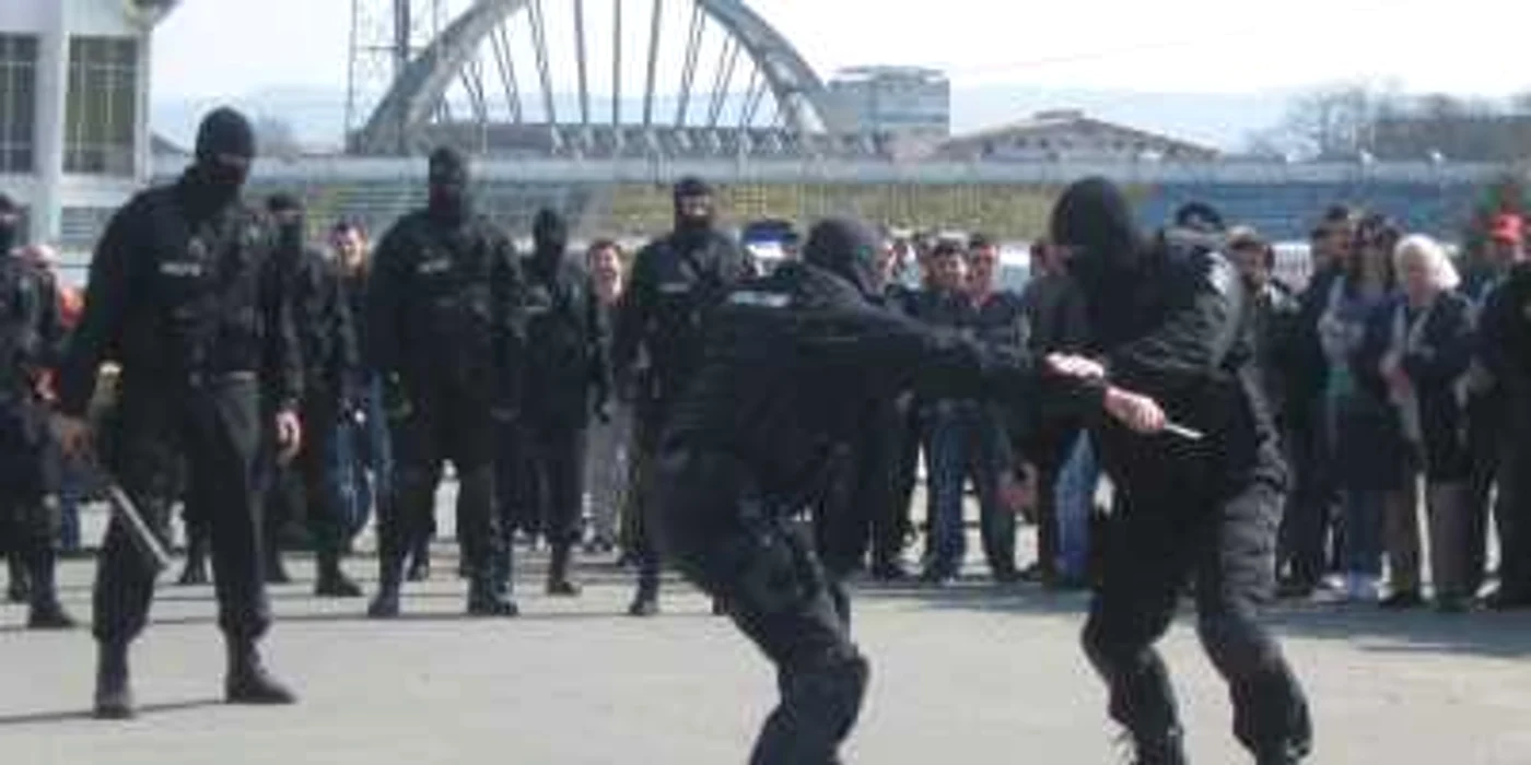 Polițiștii au făcut demostrații de arte marțiale la stadion.