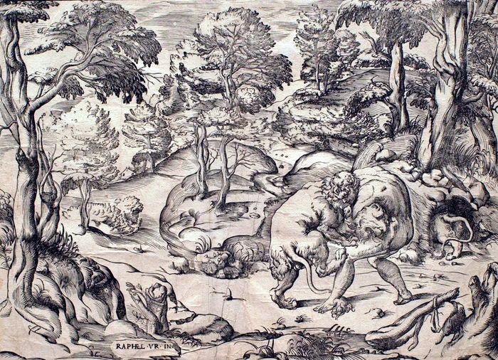 Nicolò Boldrini, Lupta lui Hercule cu leul din Nemeea, c. 1566, gravură după un desen de Rafael