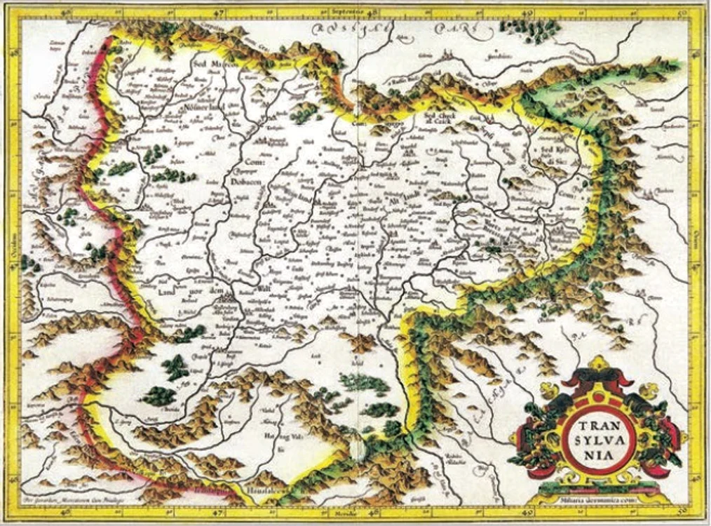 Harta a Transilvaniei, gravata în arama colorata manual, semnata Gerard Mercator (cca. 1595, Amsterdam); reprezentarile Transilvaniei au ramas practic nemodificate pâna în 1699, când începe perioada cartografiei austriece