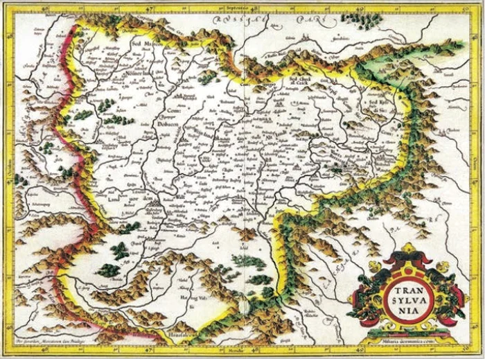 Harta a Transilvaniei, gravata în arama colorata manual, semnata Gerard Mercator (cca. 1595, Amsterdam); reprezentarile Transilvaniei au ramas practic nemodificate pâna în 1699, când începe perioada cartografiei austriece
