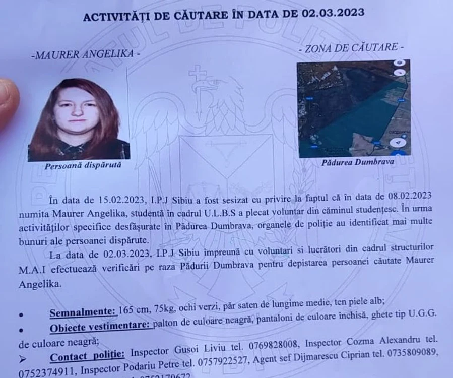 Anunțul IPJ Sibiu privind tânăra dispărută FOTO turnulsfatului.ro