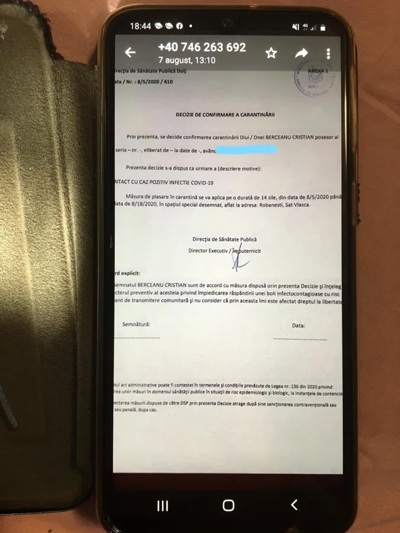 Mesajul prin care DSP Dolj cere acordul sugarului 