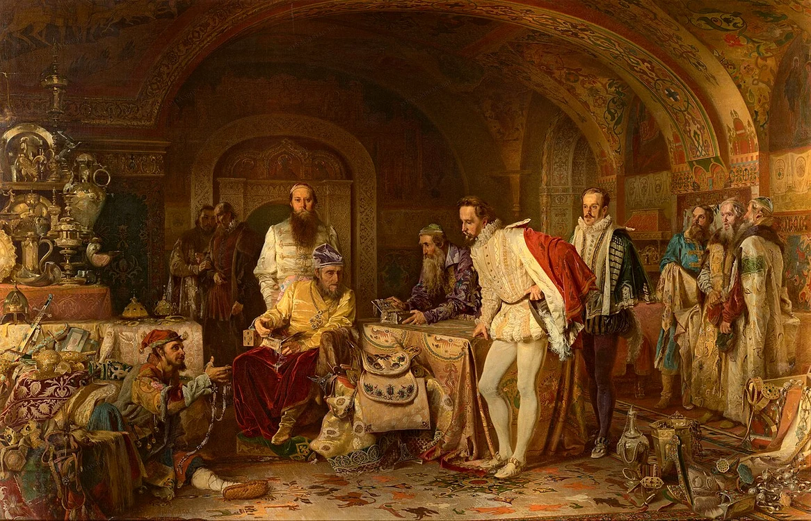 Ivan al IV-lea îi arată vistieria ambasadorului Jerome Horsey. Pictură de Alexander Litovchenko