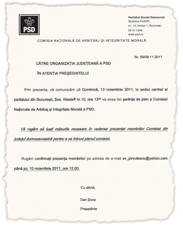 Preşedintele Comisiei de integritate, Dan Şova, le-a cerut şefilor organizaţiilor judeţene să trimită reprezentanţi la şedinţa de mâine