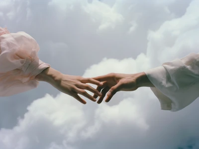 conceptual scene with people sky surrounded by clouds with dreamy feeling jpg