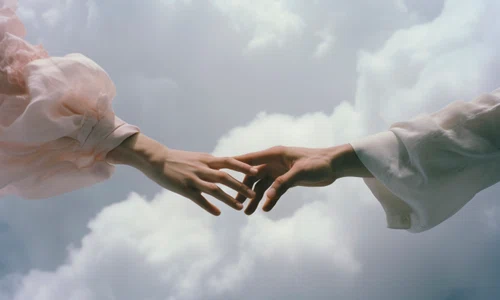 conceptual scene with people sky surrounded by clouds with dreamy feeling jpg