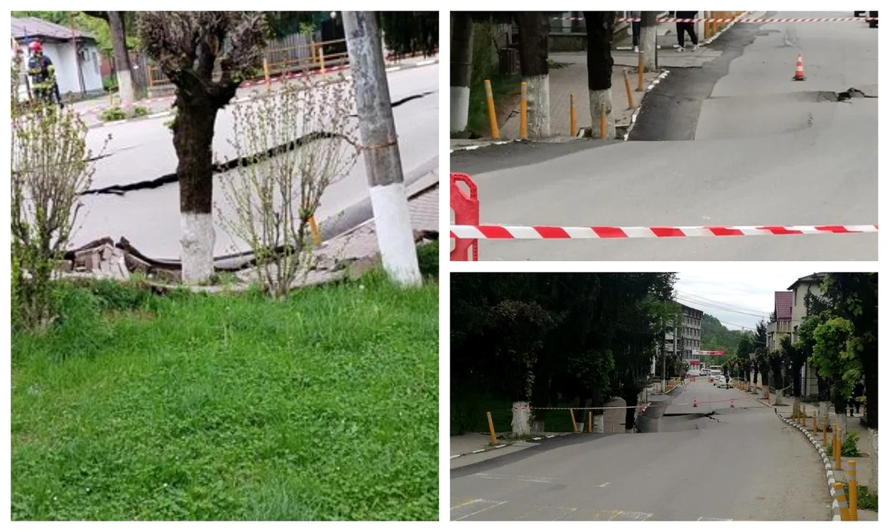 Stradă prăbușită în Slănic
