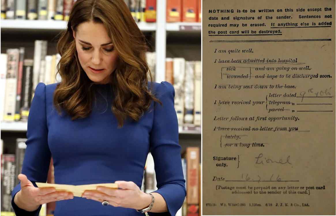 
    Kate Middleton citește cu atenție o telegramă scrisă despre unul din unchii săi care a murit în timpul Primului Război MondialGetty Images  