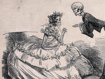 Valsul arsenicului. Noul dans al morții. Caricatură publicată de Punch Magazine, în 1862 (© Public Domain Image Archive / Wellcome Collection)