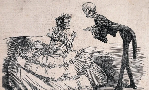 Valsul arsenicului. Noul dans al morții. Caricatură publicată de Punch Magazine, în 1862 (© Public Domain Image Archive / Wellcome Collection)