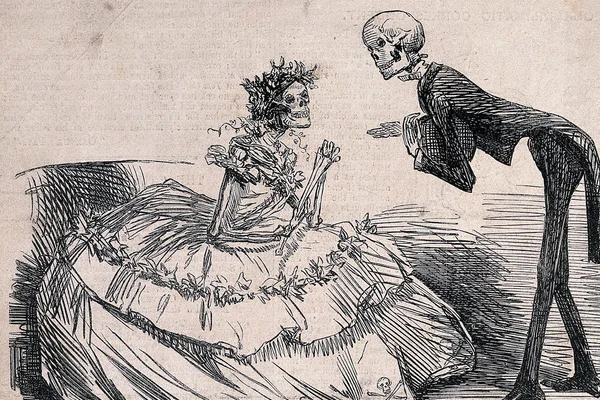 Valsul arsenicului. Noul dans al morții. Caricatură publicată de Punch Magazine, în 1862 (© Public Domain Image Archive / Wellcome Collection)