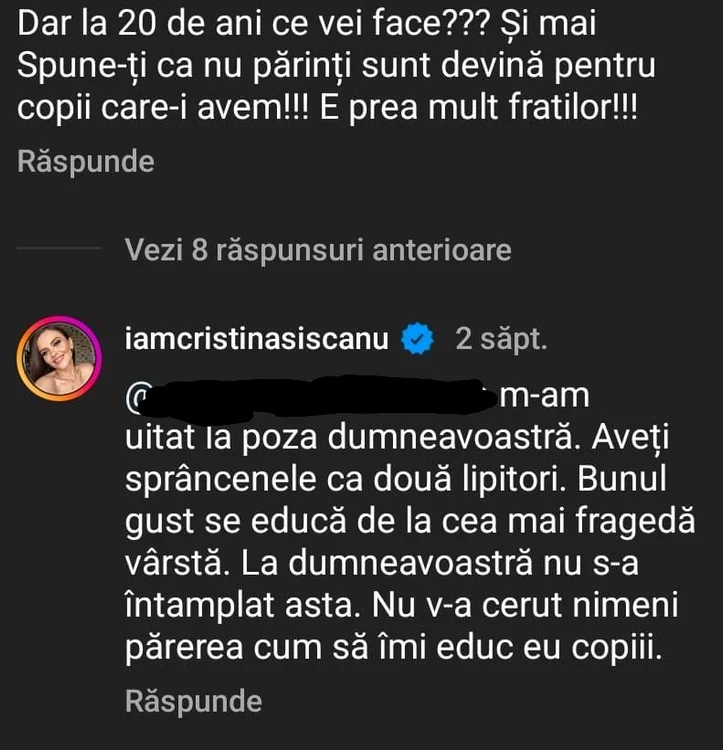 Cristina Șișcanu, discuție aprinsă cu o internaută pe Instagram
