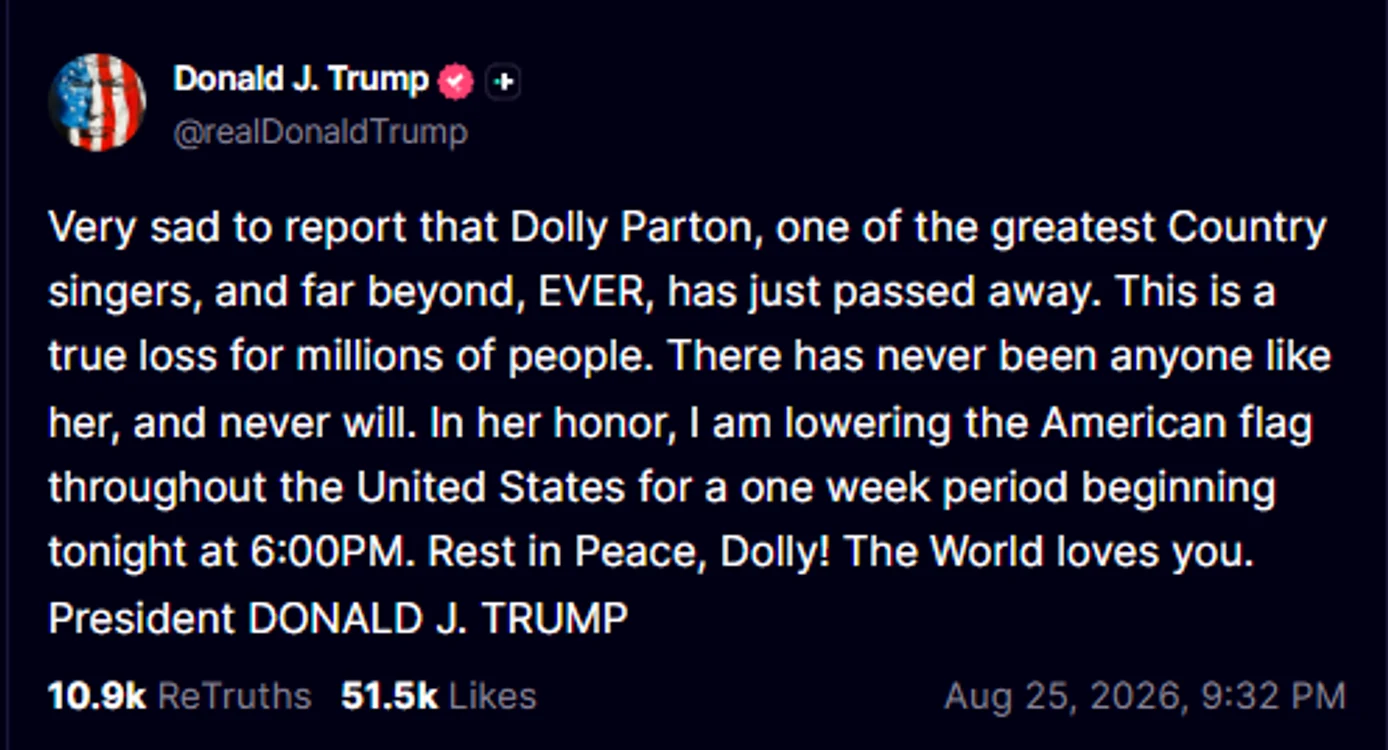 Trump ordonă coborârea drapelelor SUA în bernă timp de o săptămână, după moartea lui Dolly Parton. 