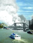 Perspectivă asupra Tamisei în două momente ale istoriei: Londra în timpul bombardamentelor germane și Londra care sărbătorea 75 de ani de la încheierea războiului. Imagini suprapuse (© Getty Images)