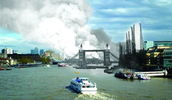 Perspectivă asupra Tamisei în două momente ale istoriei: Londra în timpul bombardamentelor germane și Londra care sărbătorea 75 de ani de la încheierea războiului. Imagini suprapuse (© Getty Images)