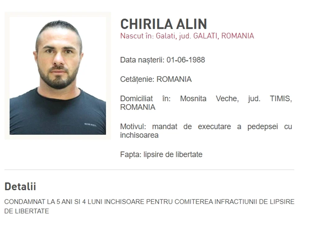 Alin Chirila este dat în urmărire de poliție Foto: Poliția Română