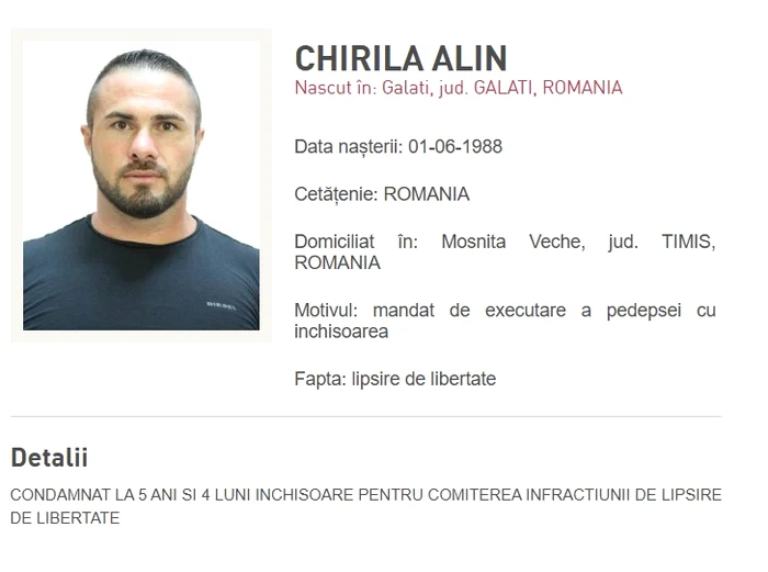 Alin Chirila este dat în urmărire de poliție Foto: Poliția Română